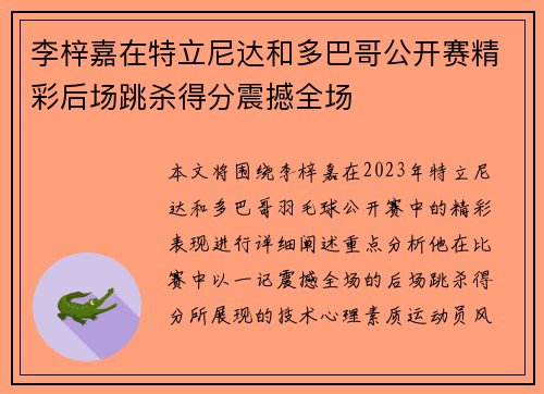 李梓嘉在特立尼达和多巴哥公开赛精彩后场跳杀得分震撼全场 李梓嘉在特立尼达和多巴哥公开赛精彩后场跳杀得分震撼全场